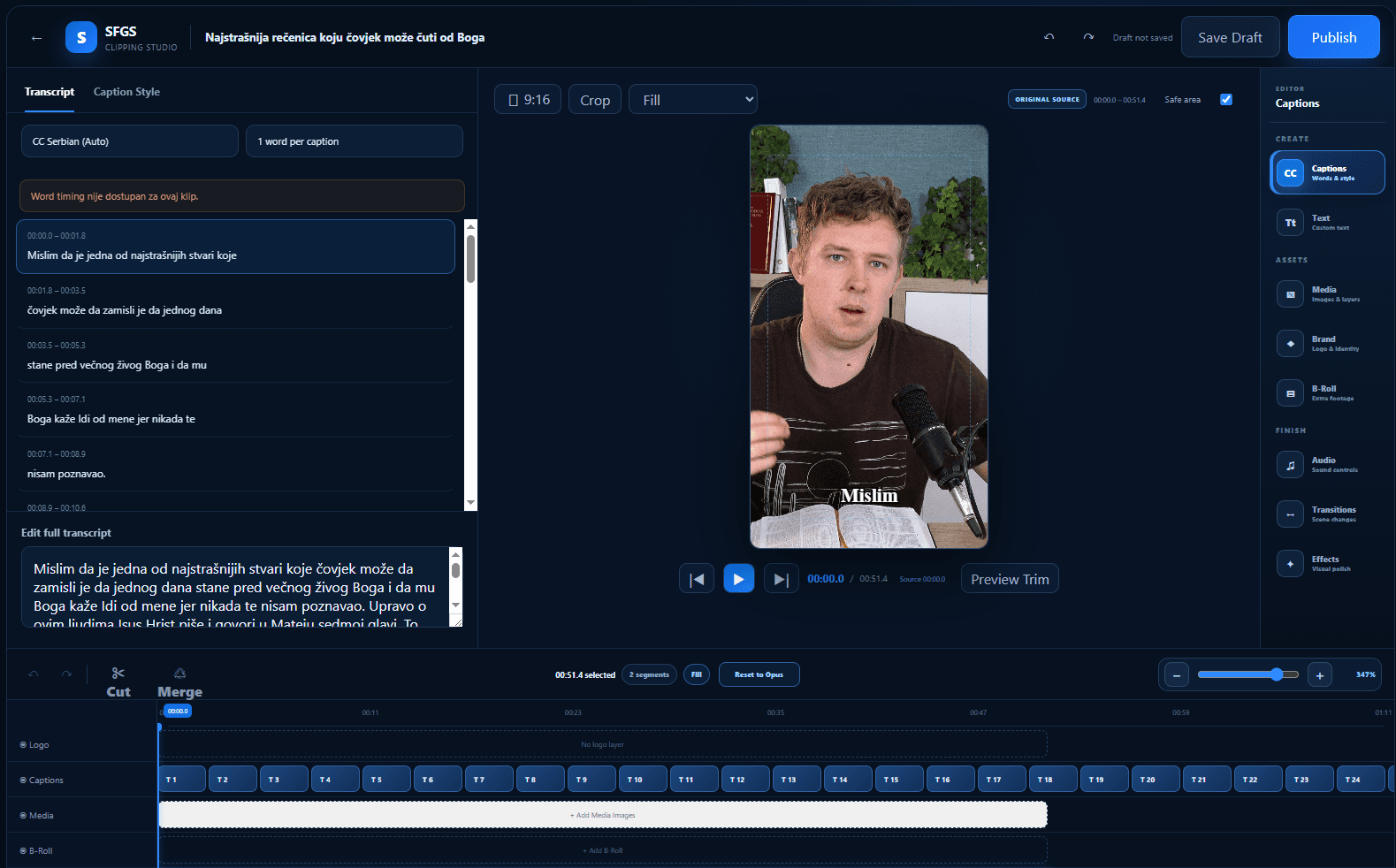Editor klipa sa 9:16 pregledom, titlovima i vremenskom linijom